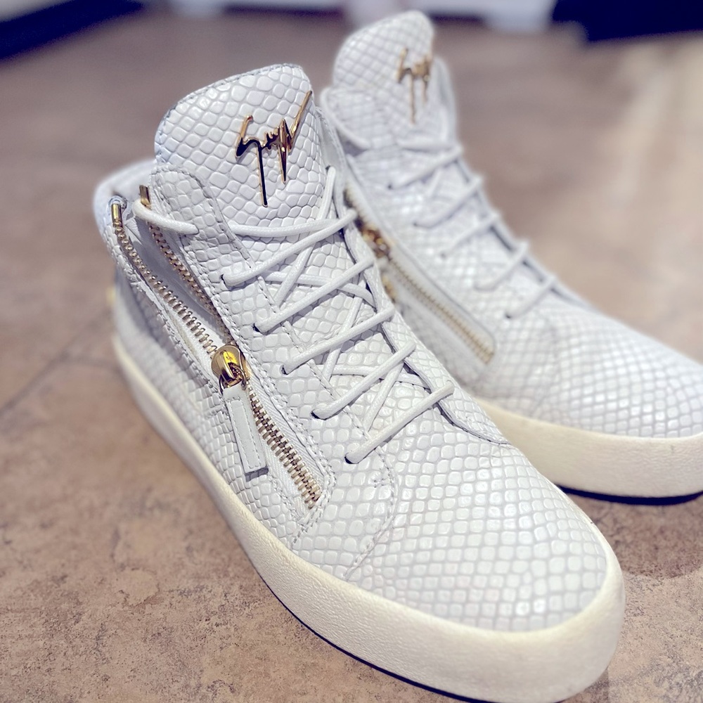 Giuseppe Zattoni Snake Skin White & Gold High-Top Sneakers - Size 10.5